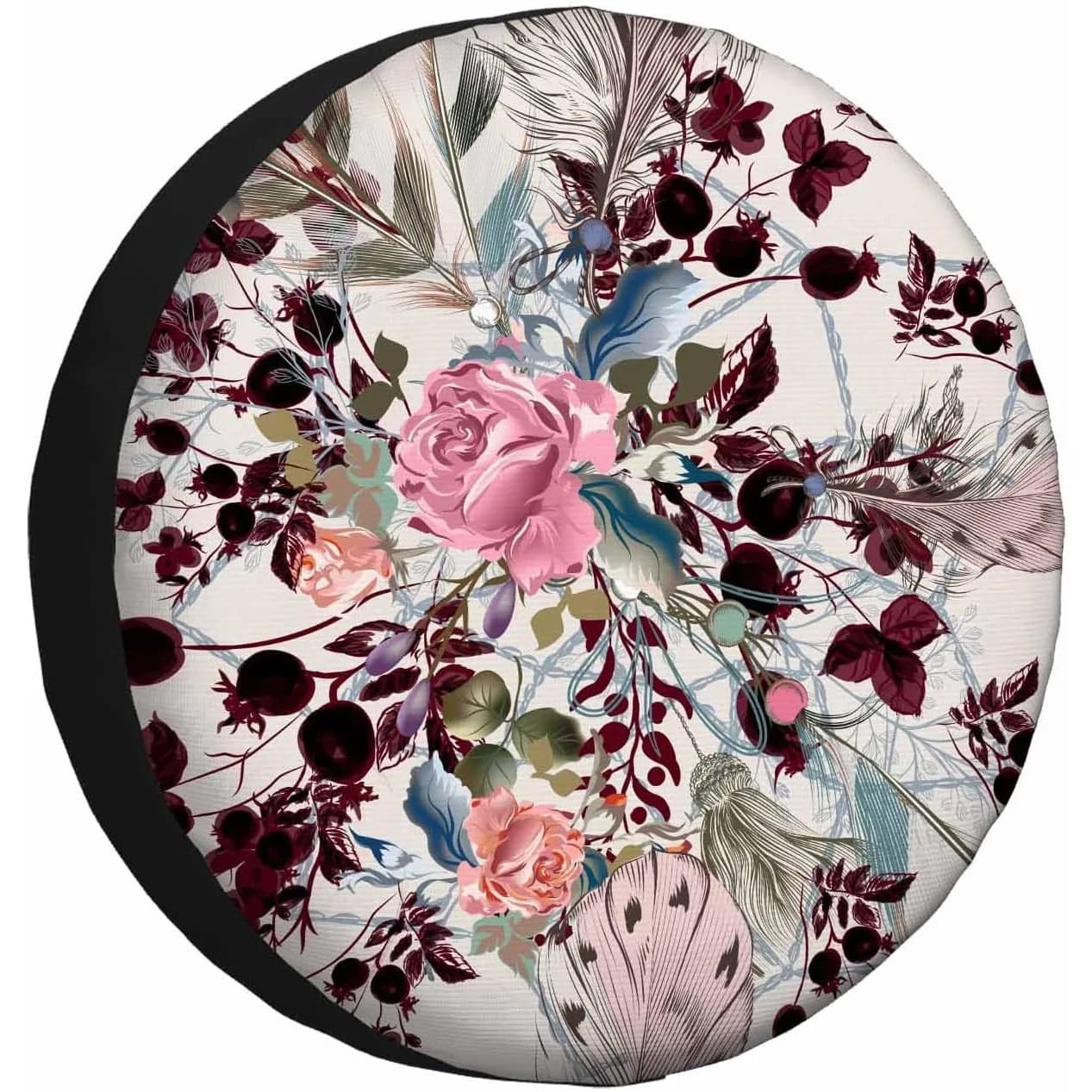 Rose Spare Tire Cover Pink Flowers and Plants Feather Catcher Dream Fashion Boho Style Wheel Protectors Camper Tire Covers