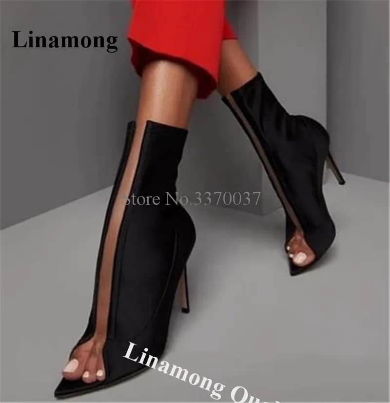 Black Elastic Short Boots Linamong Sexy Pointed Open Toe PVC Patchwork Stiletto Heel Bandage Ankle Booties Club Dress Heel