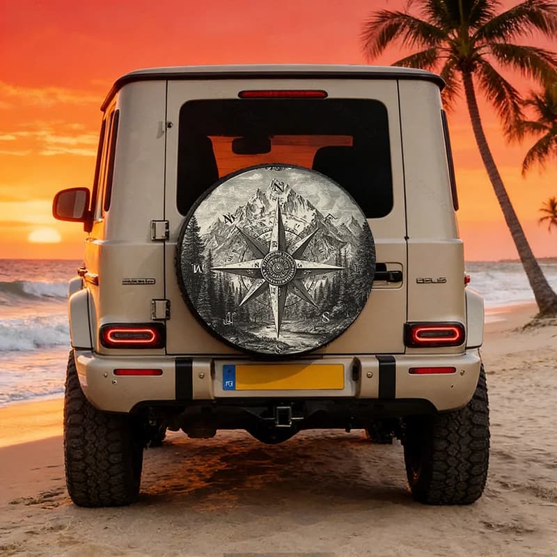 Vintage Compass Mountain Scenery Printed Polyester Spare Tire Cover, Suitable For Suvs, Sedans, And Universal Pickup Truck Spare