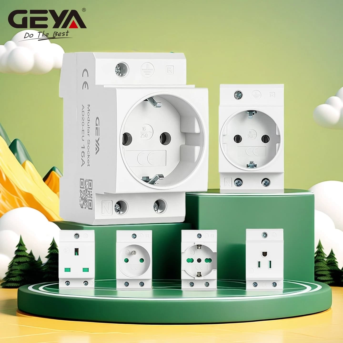 GEYA Presa su guida Din Tipo modulare Presa di corrente CA Spina EU/FR/US/UK/IT Standard 16A 220V Connettore AC Connettore adattatore AC30 grigio
