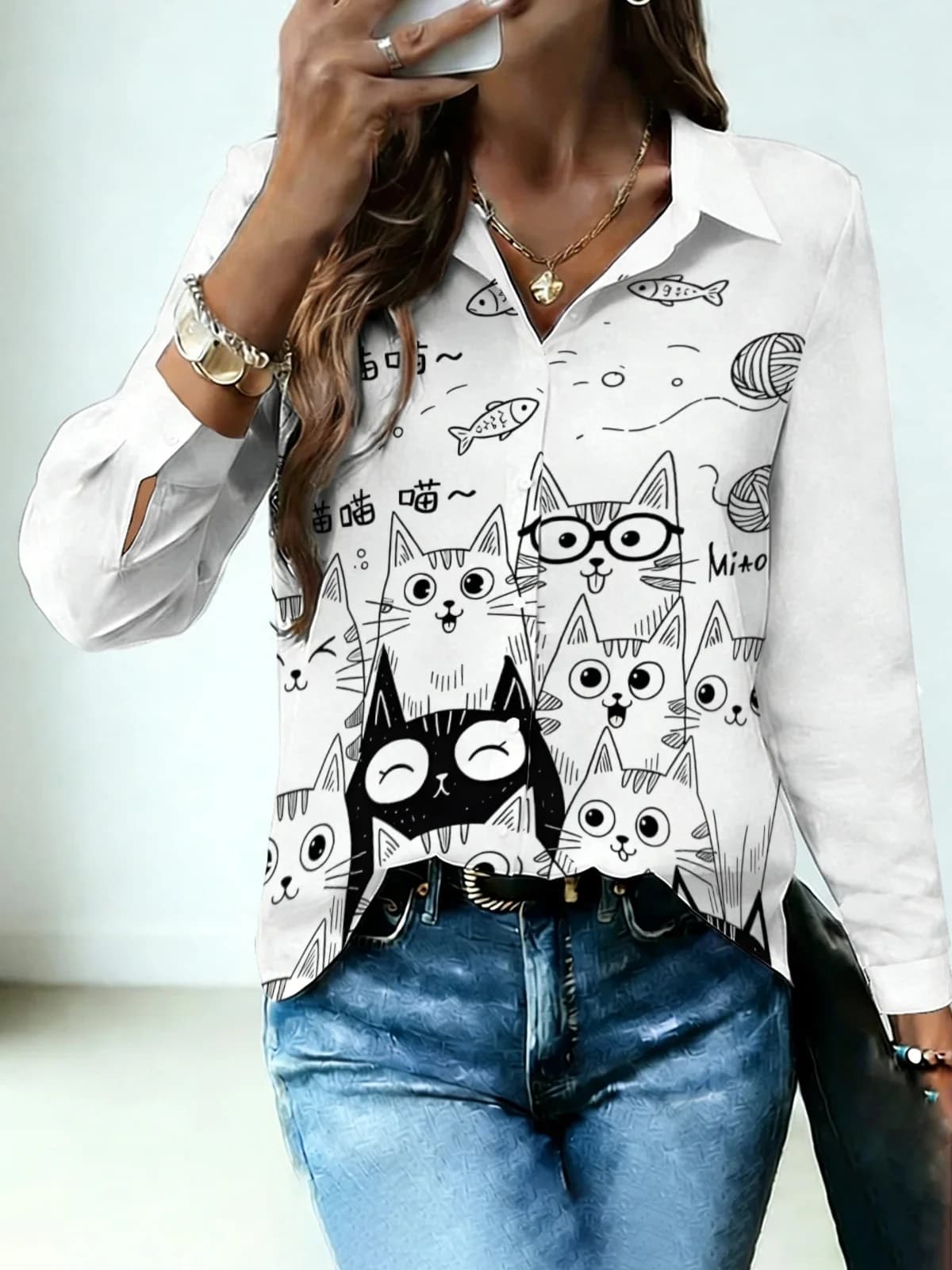 Minimal Office Cartoon Kitten Print Women Lapel Blouse Solid White Background Hand Drawn Meow Letter Fish Yarn Ball Long Sleeve