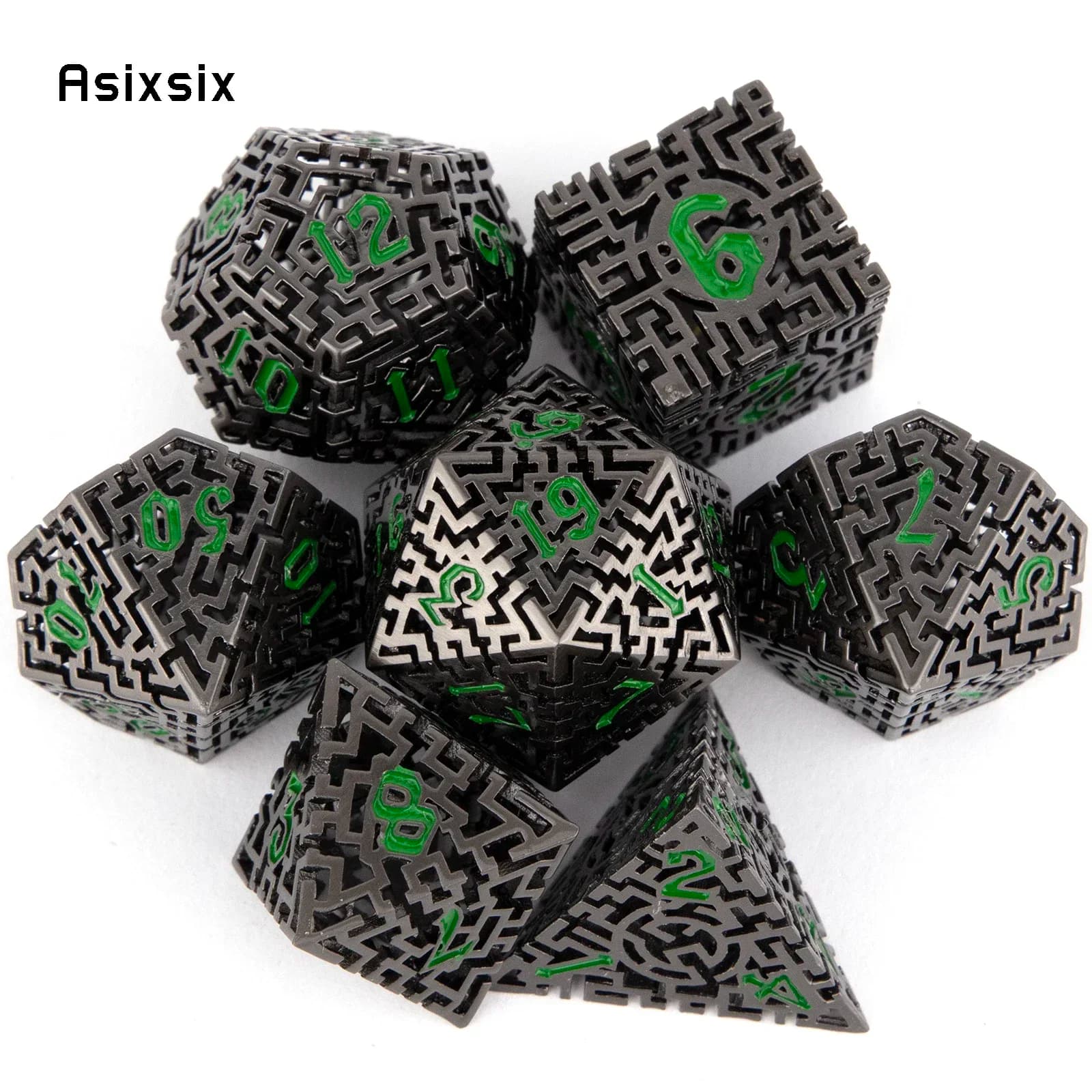 Set di 7 Dadi in Metallo Nero e Verde a Forma di Labirinto, Perfetti per Giochi di Carte, Giochi da Tavolo, Critical Role, RPG, D&D
