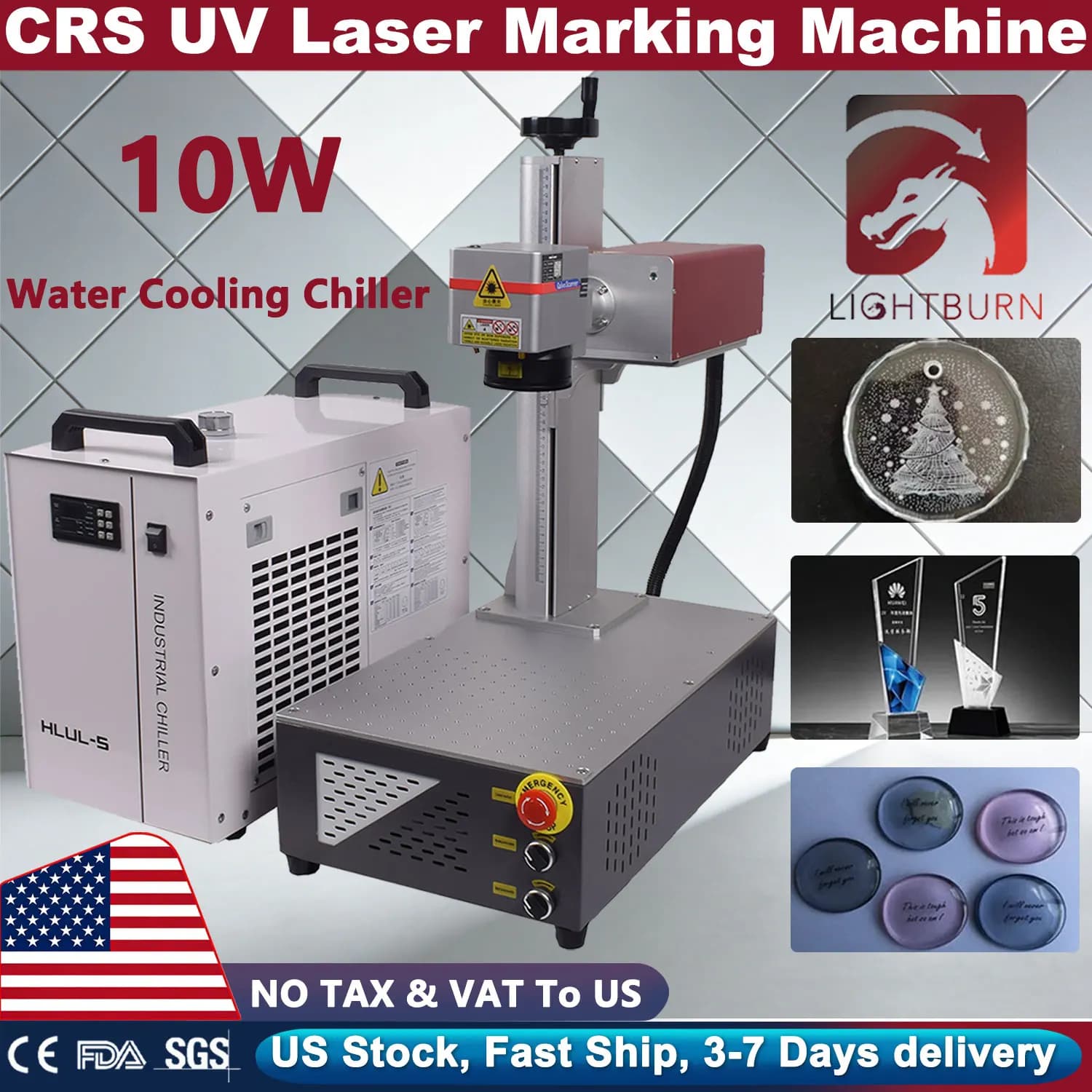CRS 10W Laser Marking Machine with Water Cooler, Leather Engraver, Glass, Wood, Acrylic, PVC, Plastic, Laser Source 200x200mm