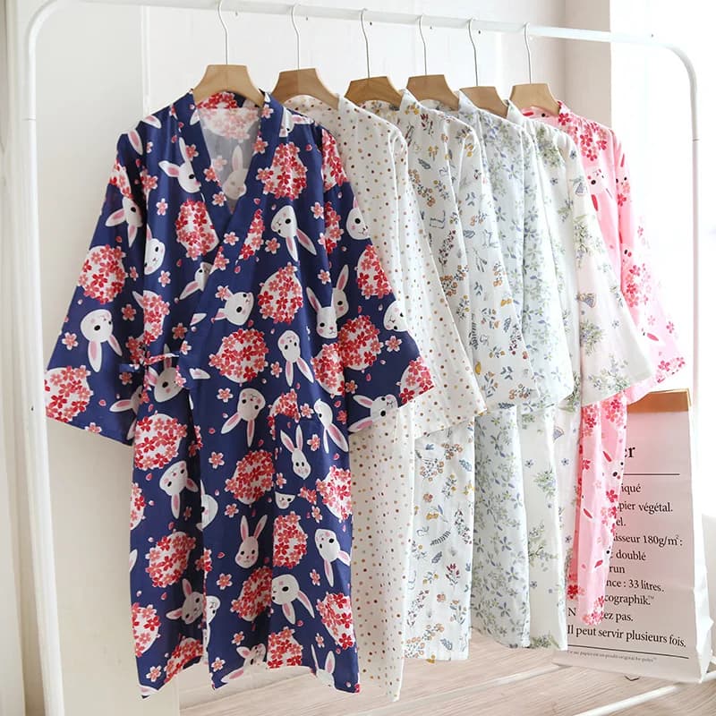 Camicia da notte kimono con lacci in puro cotone con garza a doppio strato Accappatoio sottile estivo da donna Pigiama medio lungo al vapore