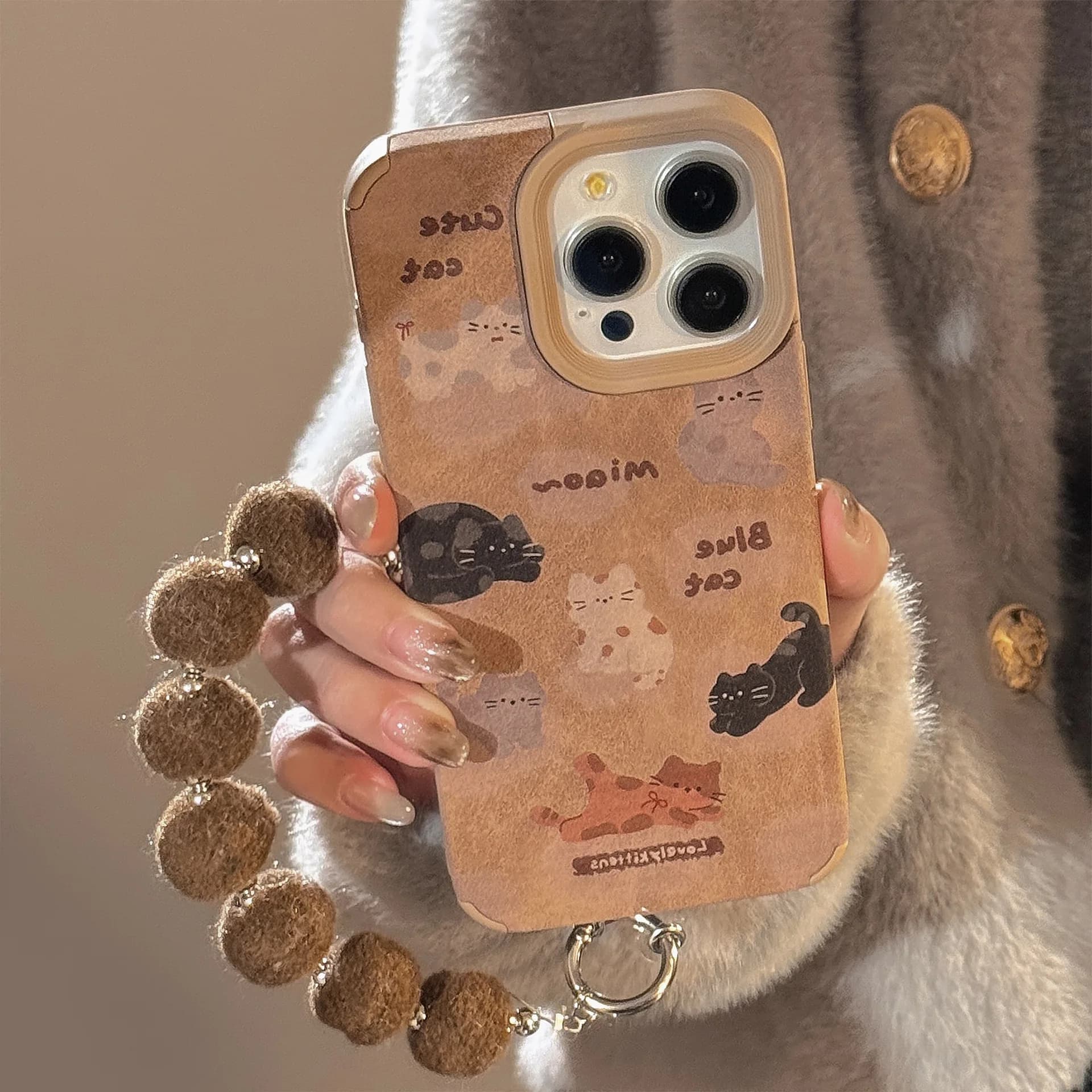 Custodia per telefono coreana con texture in pelle di gatto simpatico cartone animato per iPhone 17 Air 16 15 14 13 12 11 Pro Max con cinturino da polso Cover antiurto