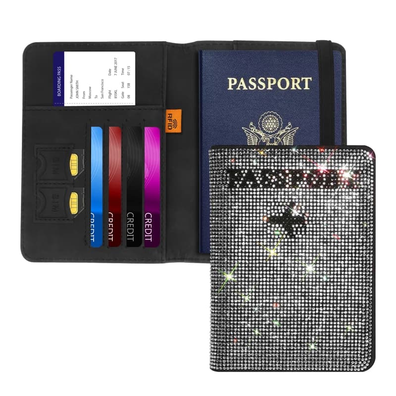 Borsa per portachiavi da donna con diamanti in cristallo Custodia per passaporto Custodia per passaporto da viaggio Custodia per carte da donna in pelle PU con strass bling