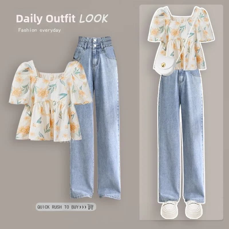 Camicia da donna con stampa floreale, colletto quadrato, maniche corte a palloncino, estate 2024, nuovo design coreano, jeans a gamba dritta, stile casual