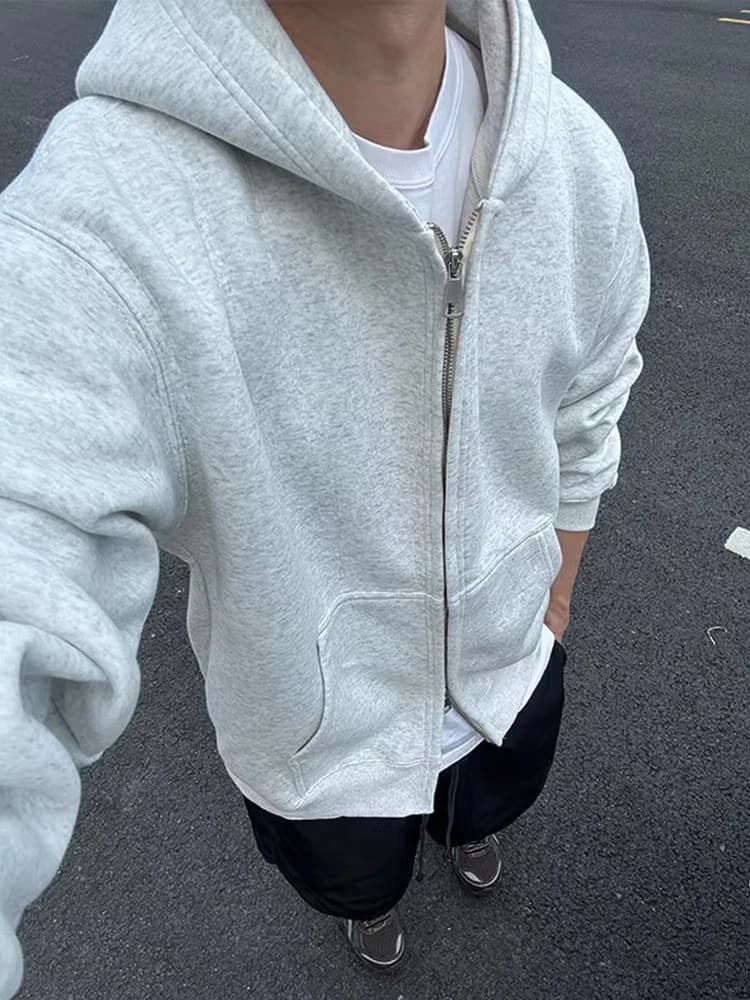 American Style Heavyweight Hoodie Men's Boxy Loose Cardigan Casual Layered Top White Grey Autumn Zipper Pocket Regular Length