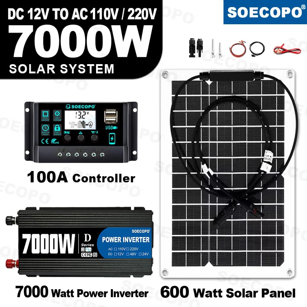 Generatore solare durevole da 7000W con inverter da 750W e pannello flessibile con controller da 100A per auto, picnic e giardino【Flessibile e facile da usare】