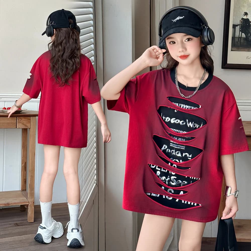 T-shirt strappata da strada hip-hop estiva per bambini alla moda per ragazze adolescenti T-shirt streetwear di alta moda T-shirt rotta distrutto per bambini