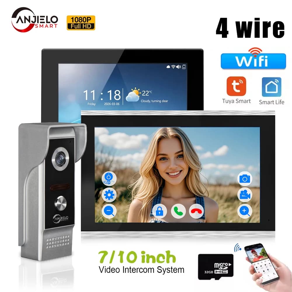 ANJIELO Smart Tuya WiFi Videocitofono 1080P con Monitor a 7/10 Pollici a 4 Fili, Audio Bidirezionale, Sblocco Remoto, Telecamera di Sicurezza Domestica