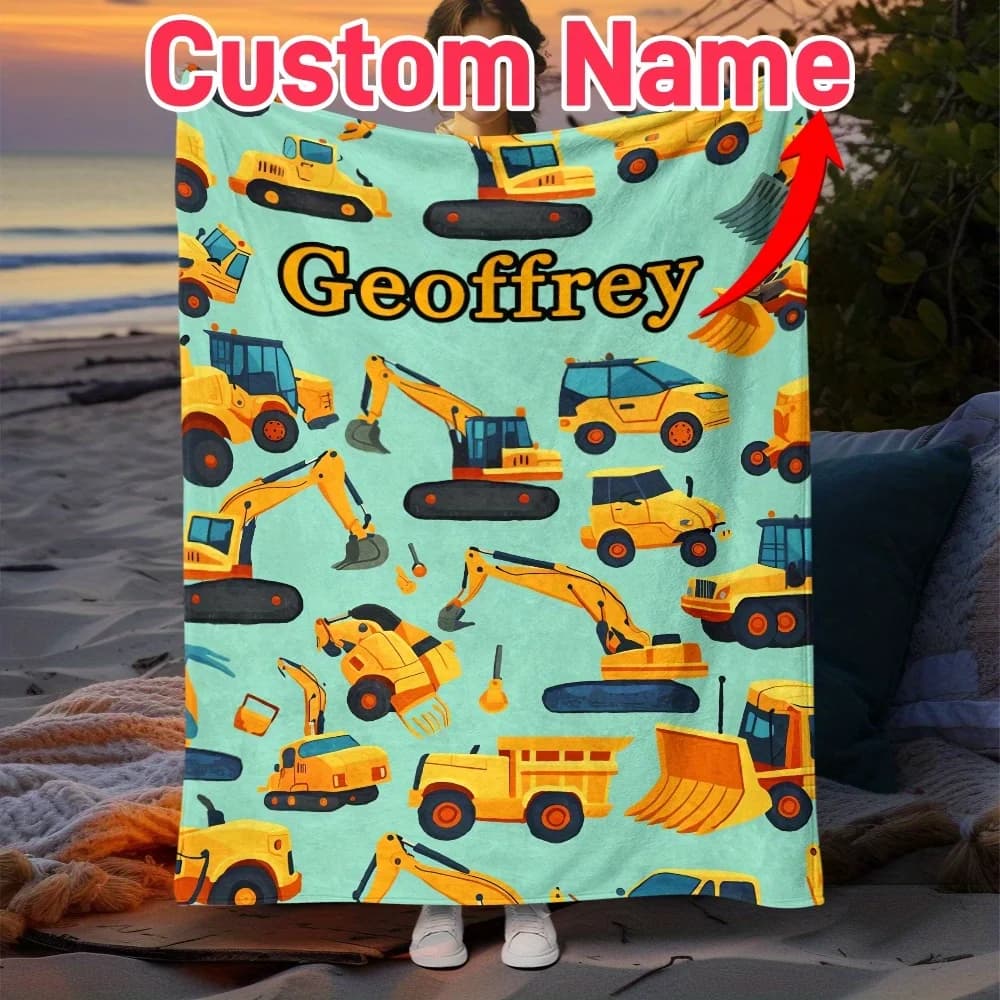 1 piece customized name cartoon excavator boy blanket lightweight flannel parabolic, soft and warm fabric, digital printing