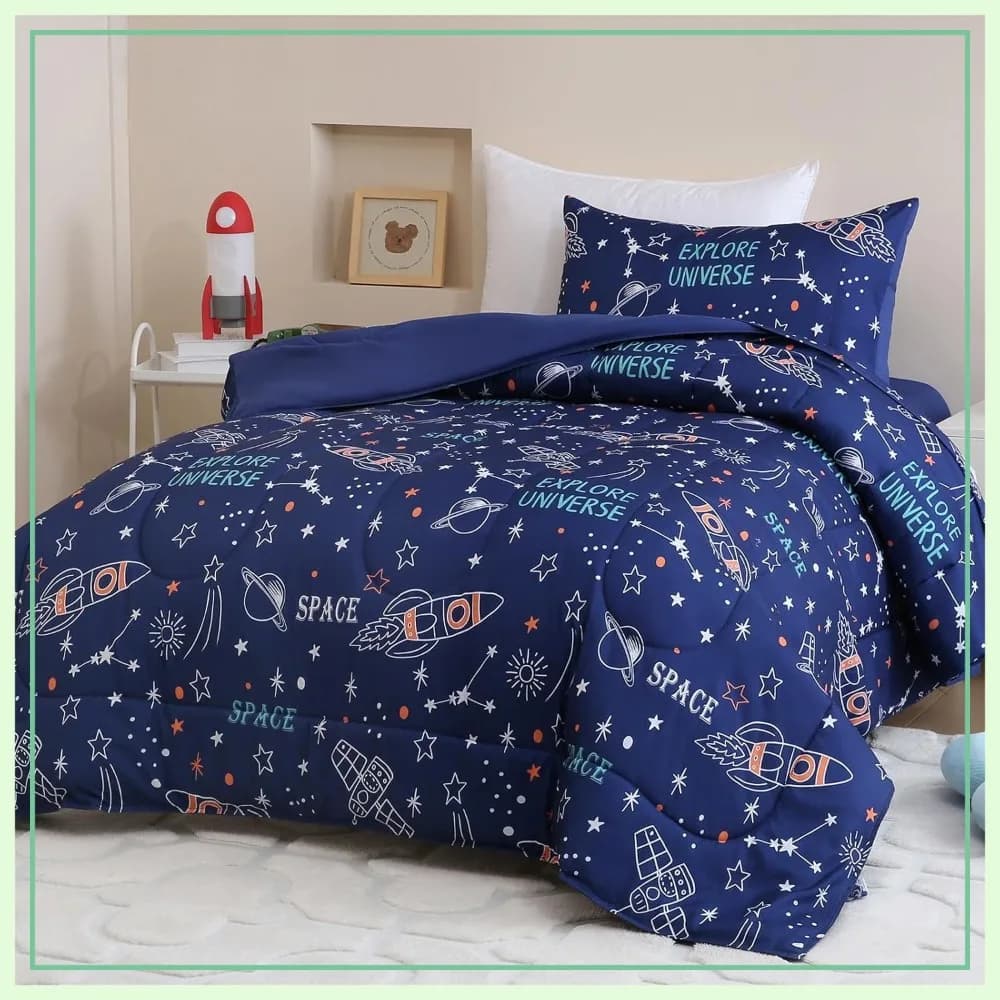Set Copripiumino Blu Navy con Motivo Razzo Spaziale, 4 Pezzi, Set Completo per Letto, Lenzuola Ultra Morbide Oeko-TEX, Per Tutte le Stagioni