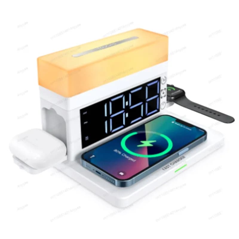 6-in-1 Desk Lamp with Wireless Charging - 15W LED Light with Alarm Clock, Telephone and Night Light