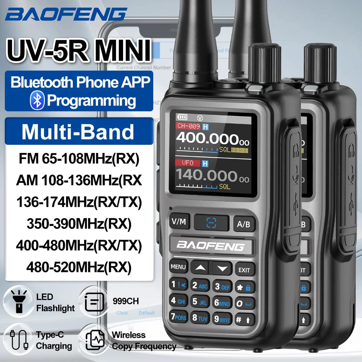 1/2PCS BAOFENG UV-5R Mini Walkie Talkie Dual PTT Wireless Bluetooth Programmazione Multi-Band Type-C Carica A Lungo Raggio Ham Radio
