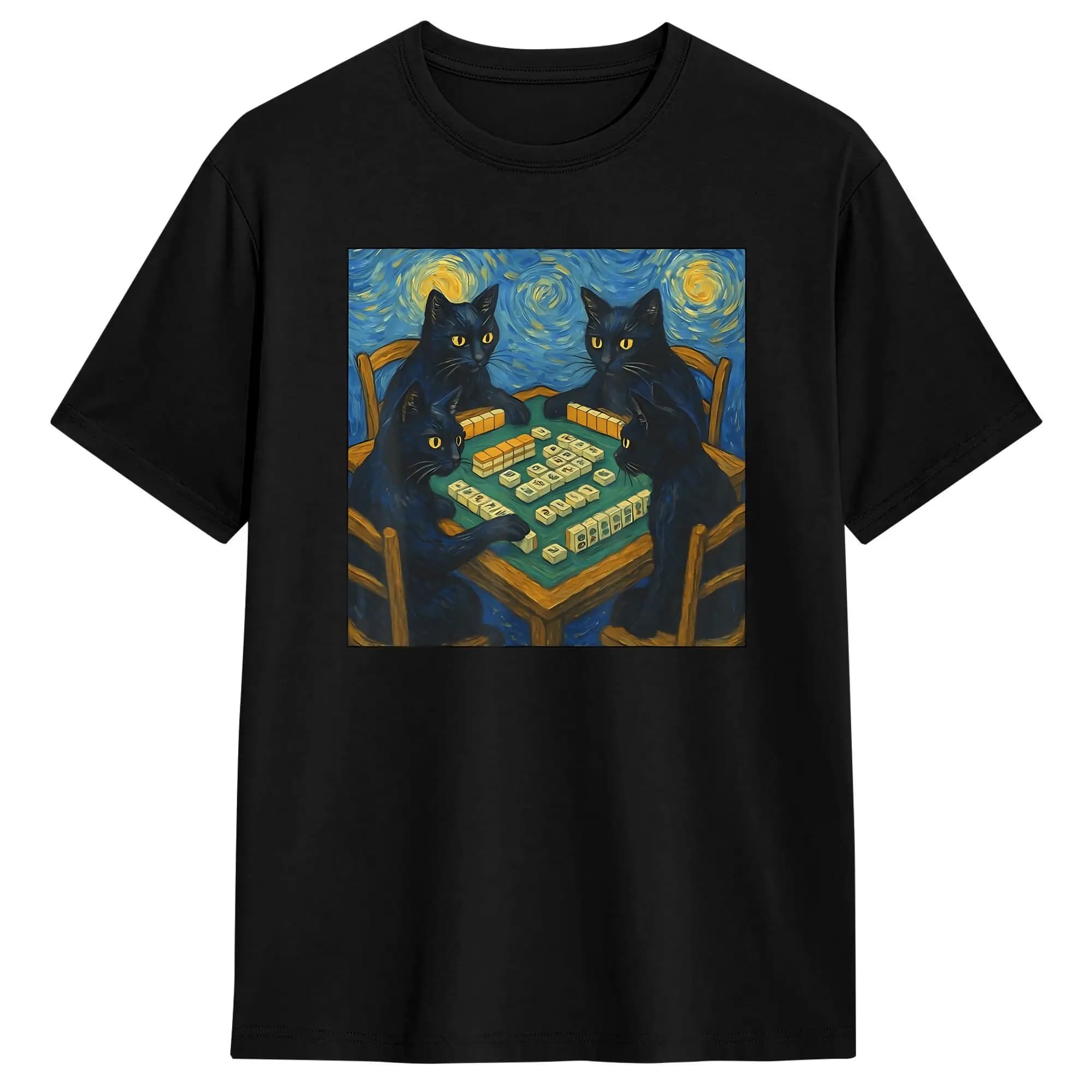 T-shirt in cotone da uomo con stampa Notte Stellata e gatto che gioca a Mahjong, stile Y2K casual, alla moda, taglie forti