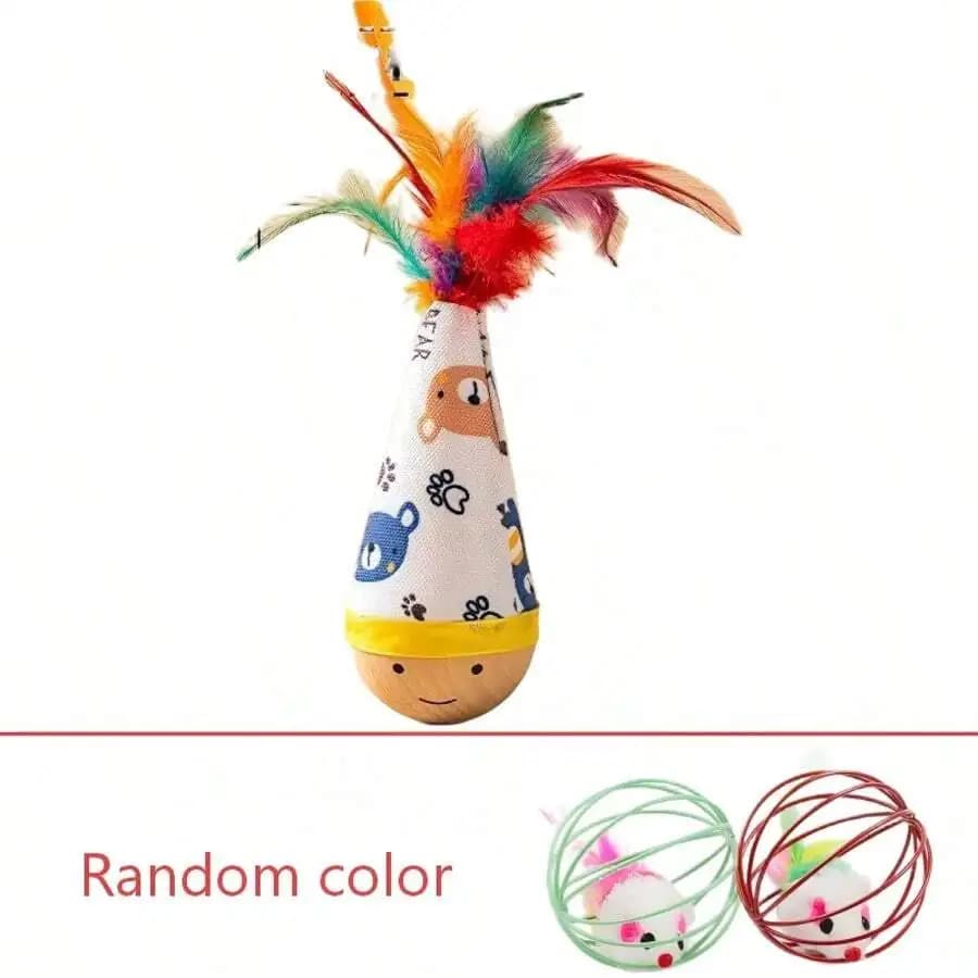 3pcs Cat Toys Set: Rocking Tumbler With Feather + Cage Mouse, Cartoon Pattern Interactive Pet Toys