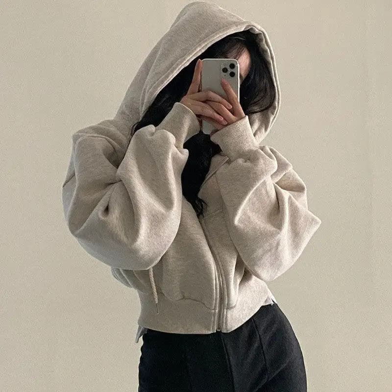 2025 Autumn Winter New Ins Women's Fleece Lined Short Zipper Warm Color Hoodie Casual Style Thickened Hooded Sweatshirt