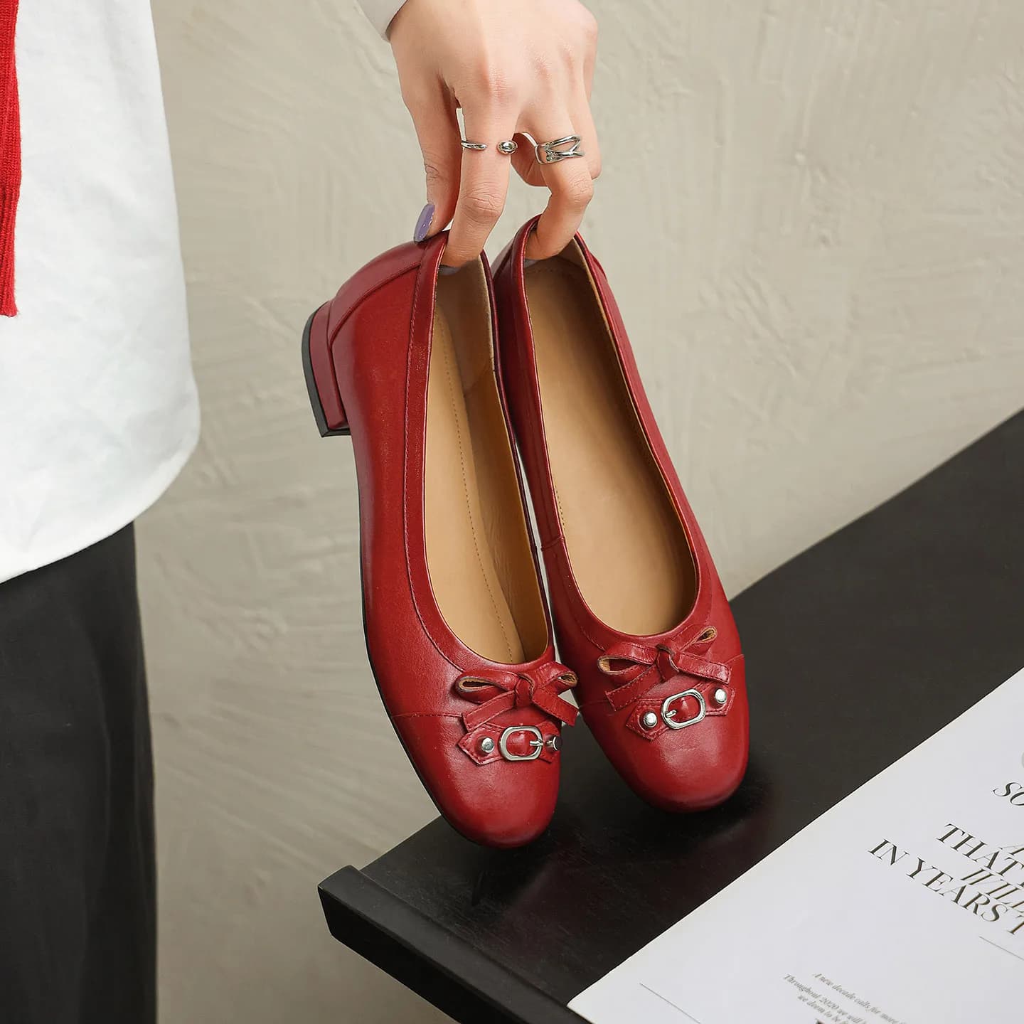 Scarpe Eleganti da Donna alla Moda, Ballerine in Vera Pelle con Punta Quadrata, Slip-On per Ufficio, Feste e Occasioni Formali