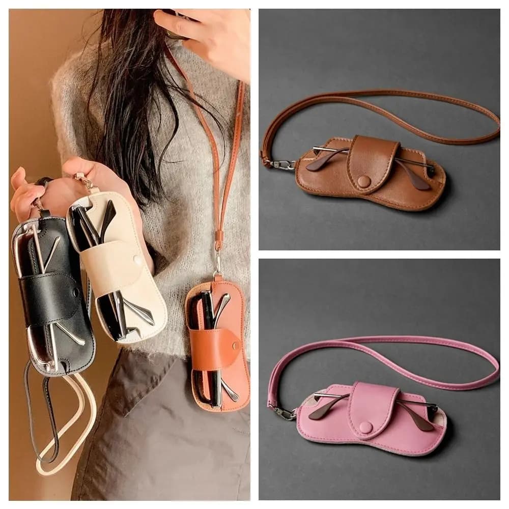 Custodia per Occhiali in Pelle PU da Appendere al Collo con Fibbia, Borsa Protettiva per Occhiali, Astuccio Portaocchiali Pendente, Sacchetto per Occhiali da Sole