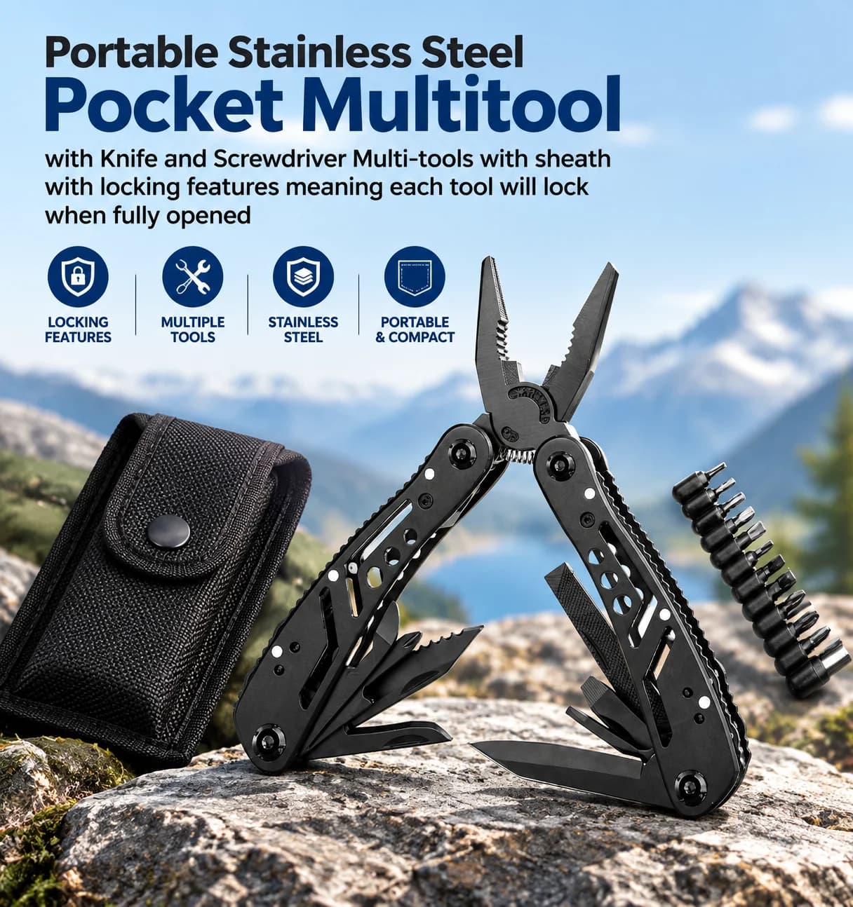 11-In-1 Multitool Pliers Premium Portable Multi Tool with Safety Locking Professional Stainless Steel with Sheath for Camping