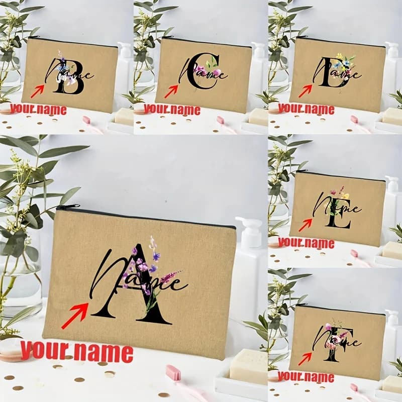 Personalized Floral Letter Linen Makeup Bag Custom Name Cosmetic Pouch Lightweight Travel Toiletry Organizer with Zipper Closure