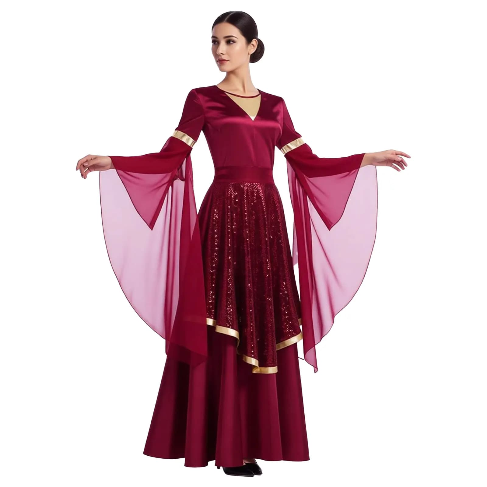 Women Liturgical Praise Dance Costume Flared Sleeve Chiffon Overlay Tunic Dress with Sequine Skirt for Church Pray Worship Dance