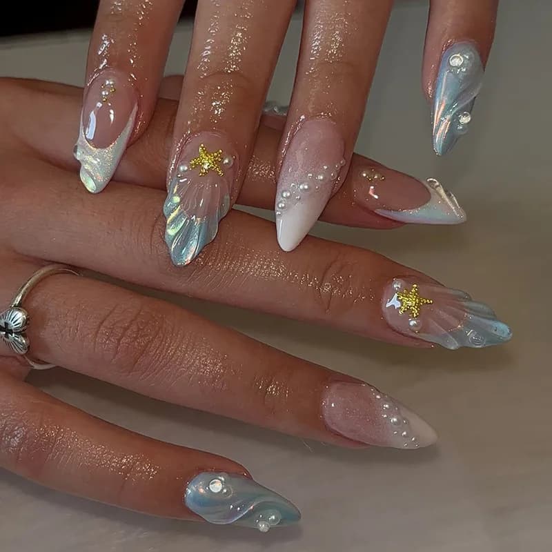 24 pieces/set 3D fake nails embossed for women and girls, with marine shells, flowers, cat eyes, short, medium and long nail tips, adhesive fake nails.