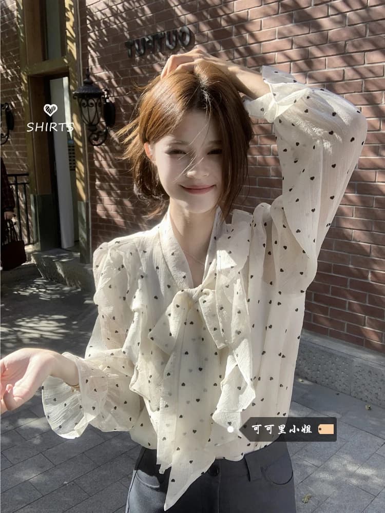 Miss Cacao Camicetta da donna a maniche lunghe con pois, protezione solare, stile coreano, con cintura annodata, per la primavera