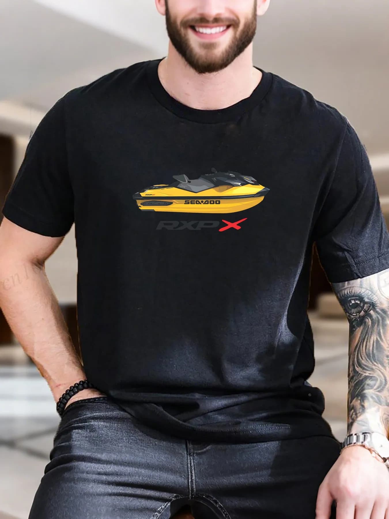 T-shirt a maniche corte stampata da uomo di nuova moda di arrivo Vibrant giallo nero Jet Ski con rosso X Design 100% cotone T-shirt casual per