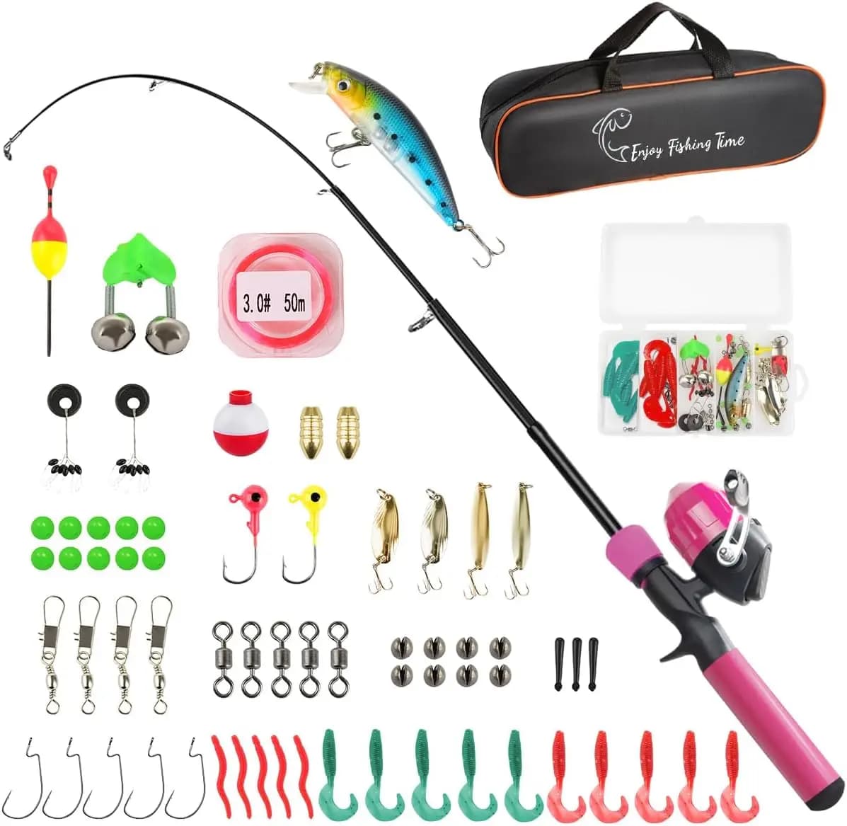Kit da pesca per bambini con canna telescopica, mulinello, scatola per attrezzatura e borsa per ragazzi, ragazze e bambini piccoli