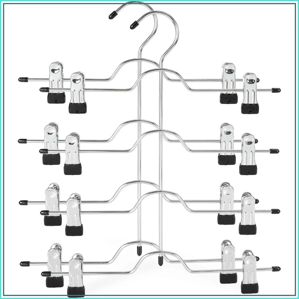4 Tier Metal Skirt Hangers with Adjustable Clips, Space Saving Non Slip Grip for Pants, Slacks, Trousers, Shorts, Jeans, Towels, Black, 2-Pack