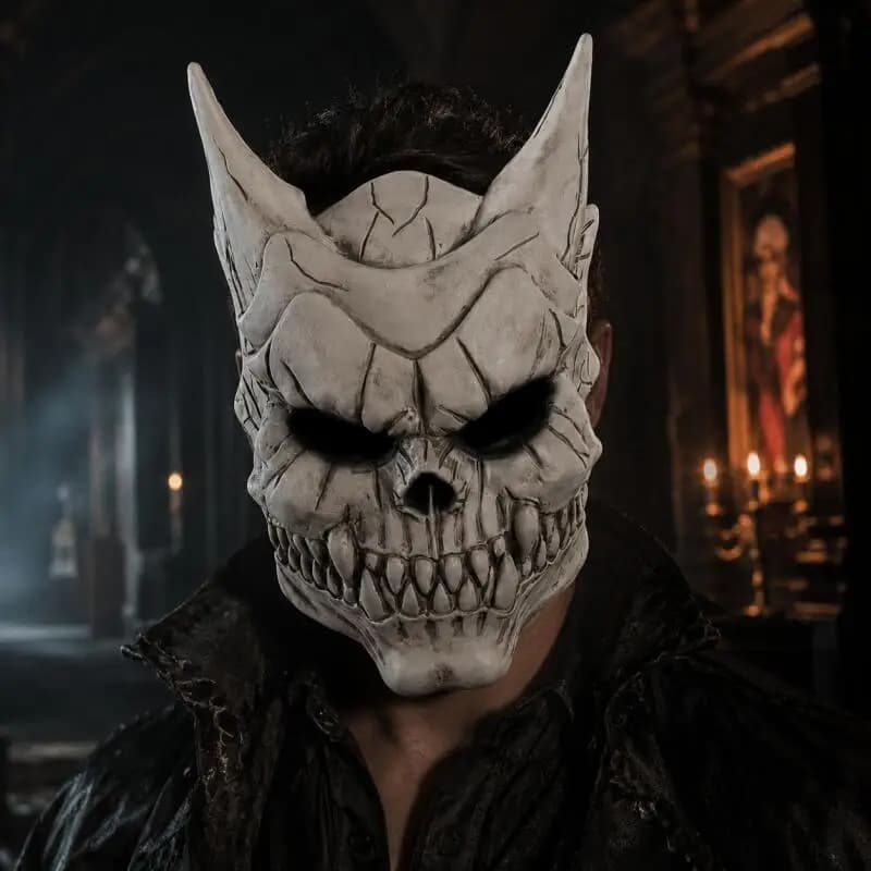 Horror Horned Demon Skull Mask Scary Horror Skeleton Full Face Mask for Scary Halloween Cosplay Party Costume Realistic Props