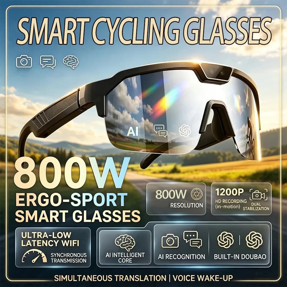 Occhiali da Ciclismo 2026 con Fotocamera HD 800W, Protezione UV, Assistente Vocale, Traduzione AI, Chiamate Wireless Bluetooth