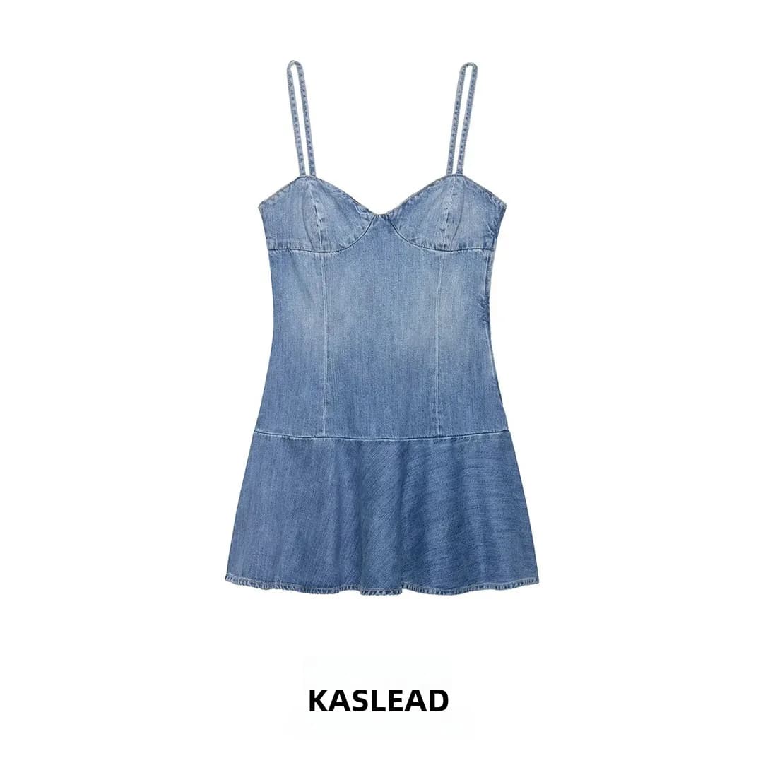 KASLEAD Fashionable Minimalist Denim Dress Women's Sleeveless A-Line Skirt Style Side Zipper Closure Slim Fit Daily Wear