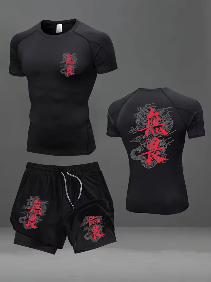 Nuovo completo slim fit da uomo ad asciugatura rapida, t-shirt sportiva a girocollo ad asciugatura rapida + pantaloni a doppio strato per palestra, corsa, escursionismo, calcio e altri sport
