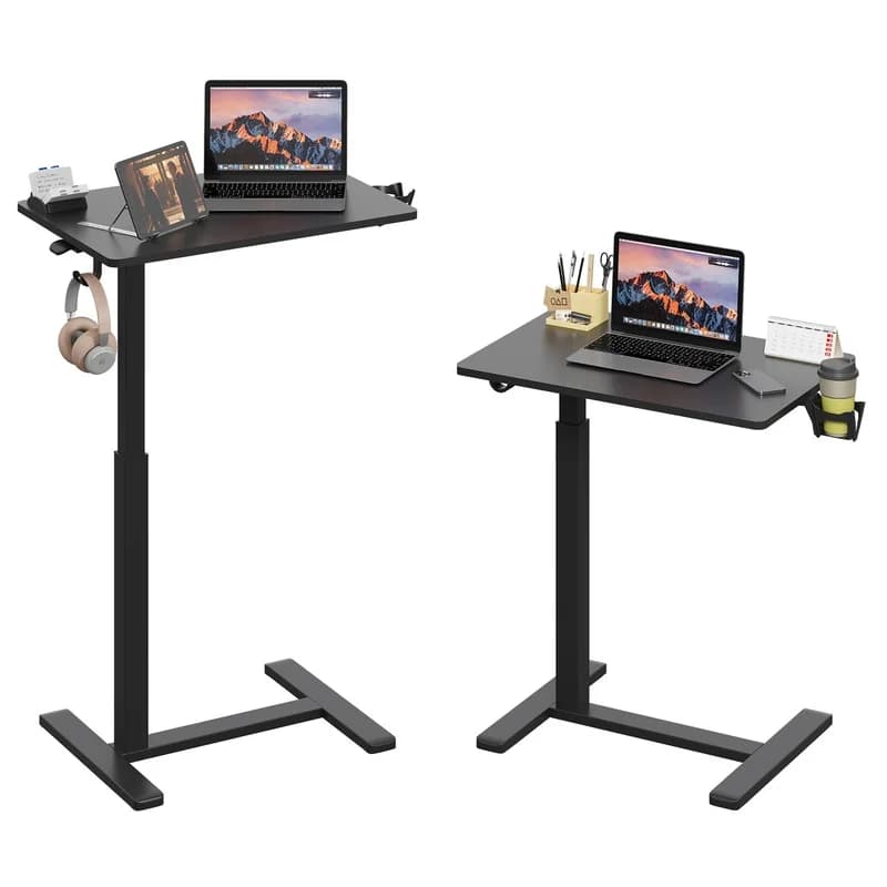 Adjustable Laptop Desk with Wheels, Black Gas Spring Stand, Cup Holder, Headphone Hook, Compact Mobile Work Table