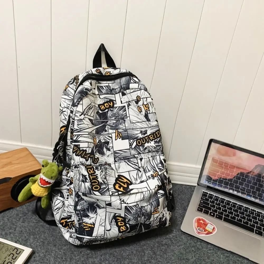 Zaino Scolastico in Nylon con Stampa Graffiti, Zaino per Laptop Nero di Grande Capacità, Leggero con Ciondolo a Forma di Tirannosauro