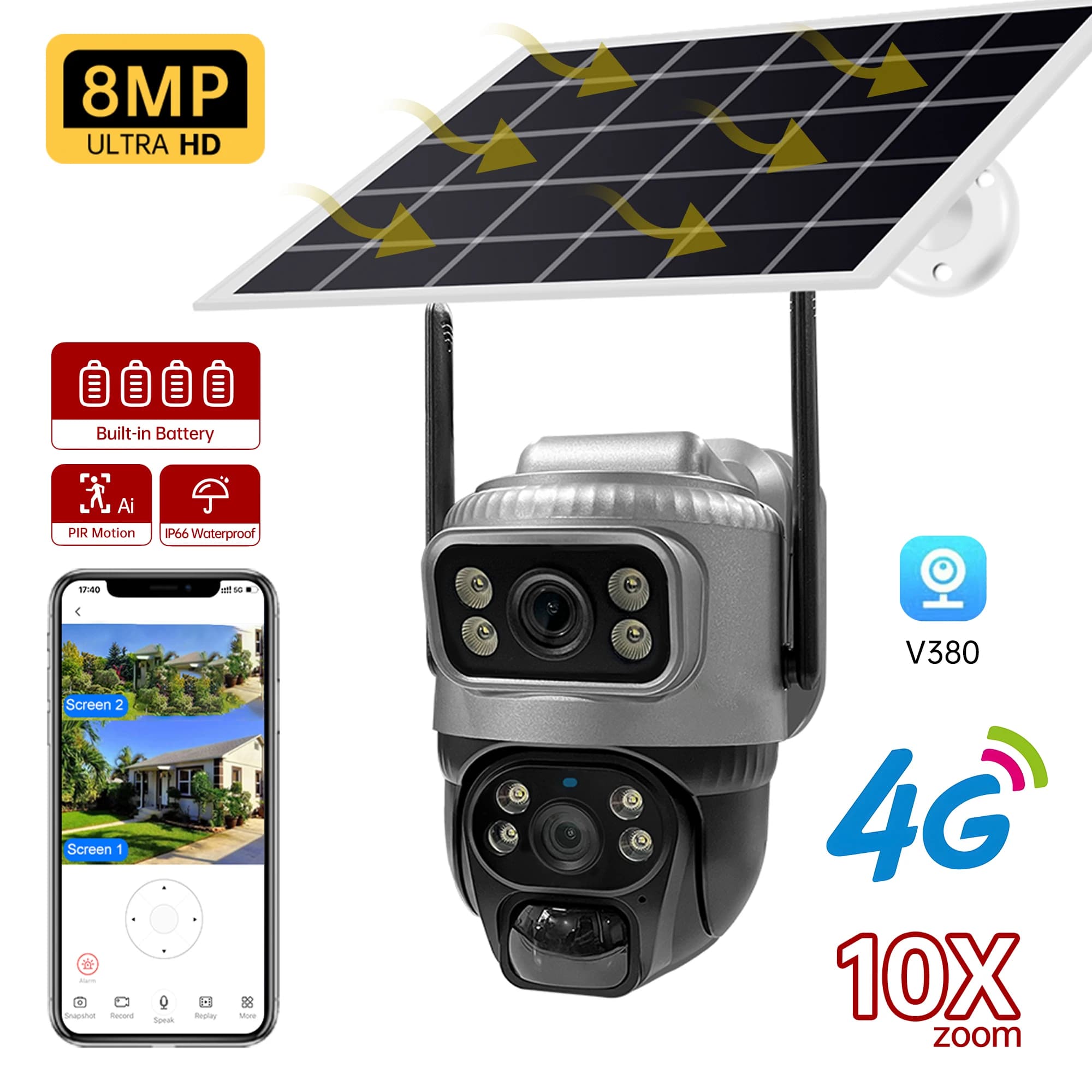 Telecamera V380 4G con SIM, Solare HD, 2 Lenti, 2 Schermi, Zoom 10X, Rilevamento Umano PIR, Visione Notturna, Sicurezza CCTV per Esterni