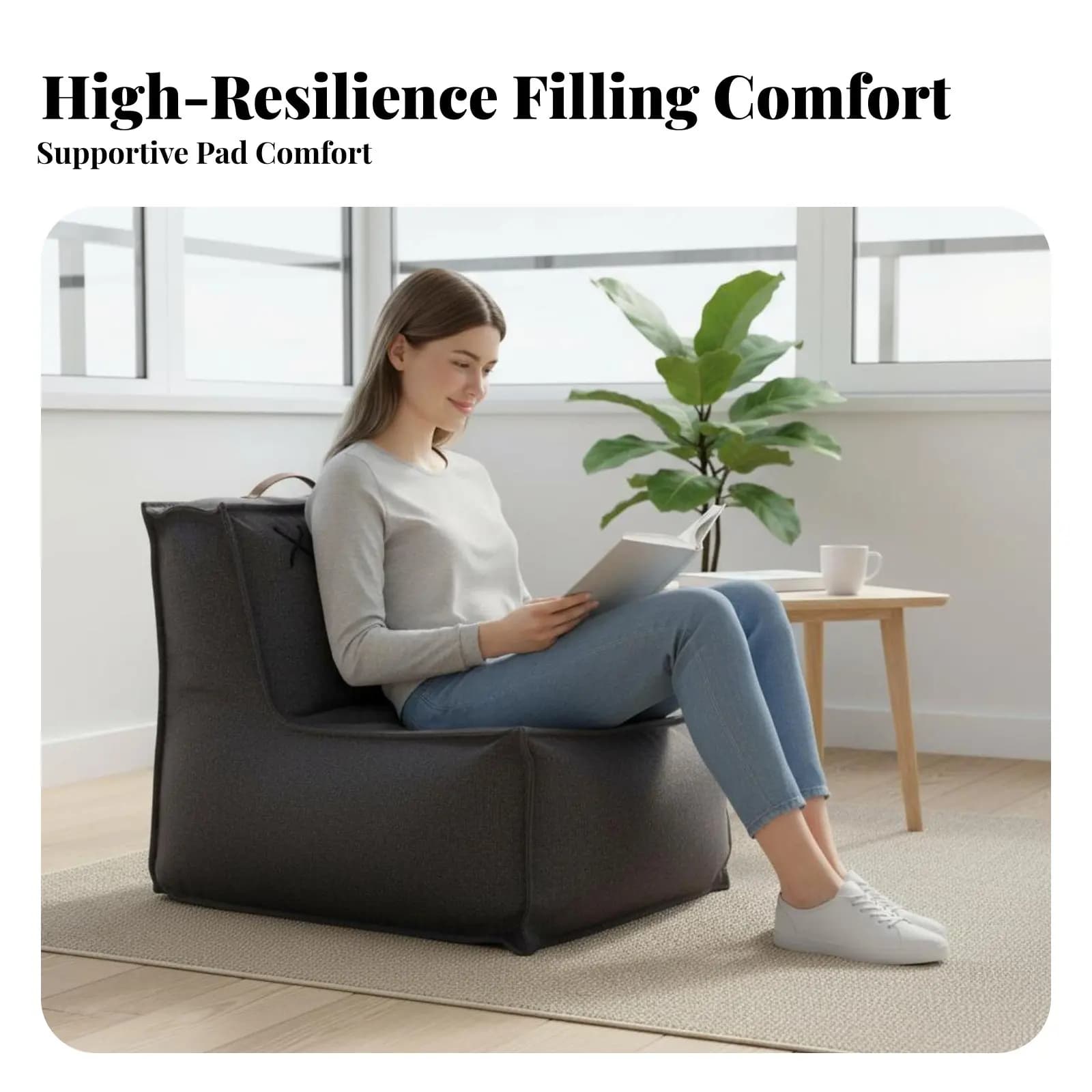 Single Floor Armchair with Removable and Washable Cover, Ground Sofa with Back Support and Transport Handle