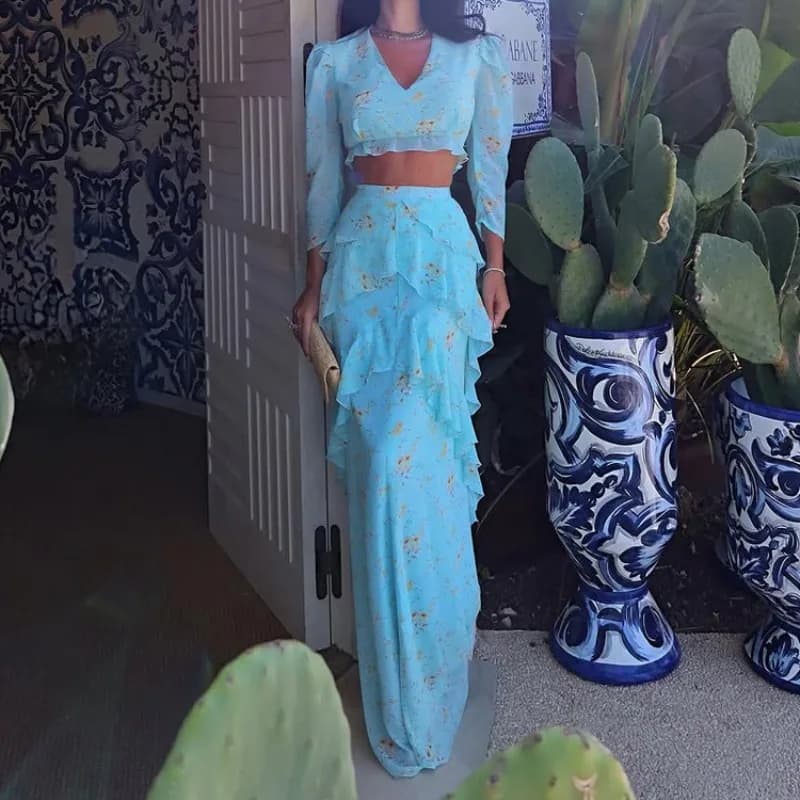 Women Blue Floral Two Piece Set Chic Summer V-Neck Long Sleeve Chiffon Crop Top + Ruffle Maxi Skirt Suit Summer Vacation Outfits