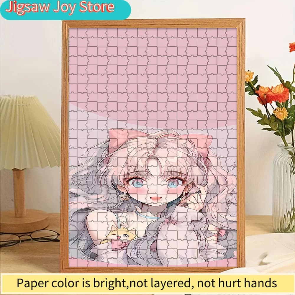 Puzzle di Carta con Ragazza Anime e Gattino, Arte Carina di un Personaggio: Ragazza dai Capelli Rosa con un Grande Fiocco Rosa che Tiene un Gattino Carino su un Sfondo Rosa