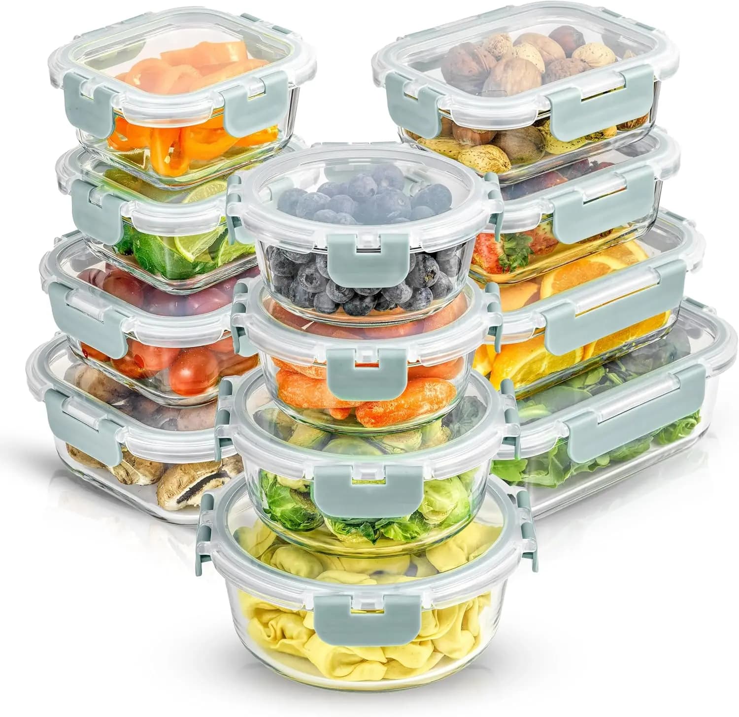 Set di 24 Contenitori in Vetro Borosilicato con Coperchi Ermetici, Adatti al Congelatore, per Preparazione Pasti e Conservazione in Dispensa