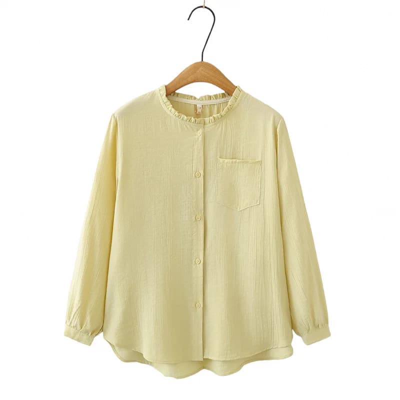 Camicetta Elegante da Donna Taglie Forti Primavera 2026 a Maniche Lunghe con Collo a Volant Stile Forestale Casual con Bottoni 2609