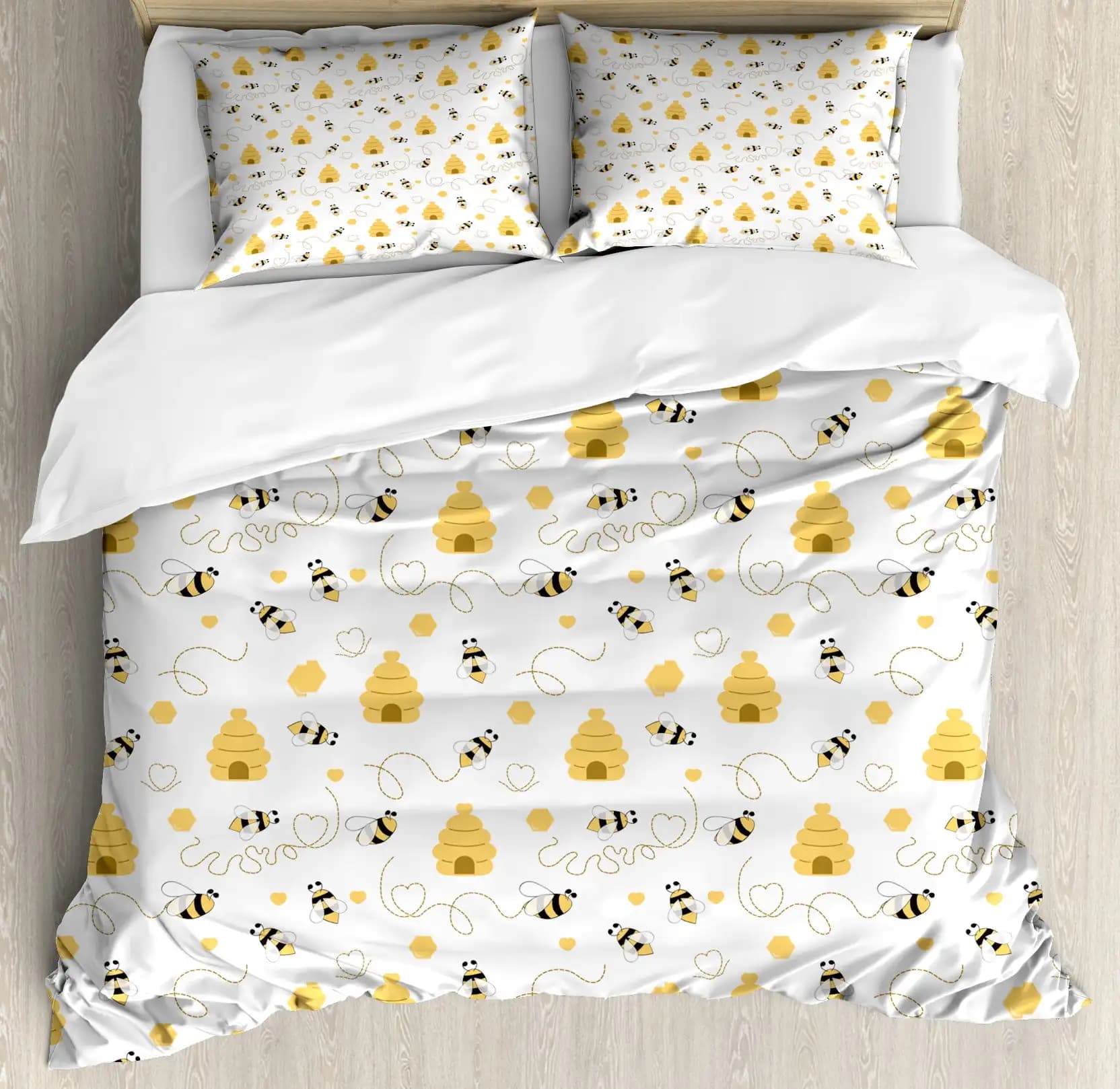 Set copripiumino Bee Queen Size, Bumble Bees che produce miele che riempie la stampa di immagini grafiche a tema celle a nido d'ape, morbido e caldo