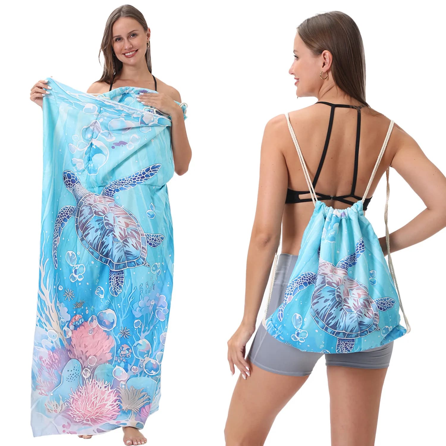 Telo Mare Pieghevole 2-in-1 con Zaino 80x60cm, Tappetino Assorbente ad Asciugatura Rapida/Borsa per il Trasporto per Yoga, Viaggi, Campeggio, Piscina, Estate
