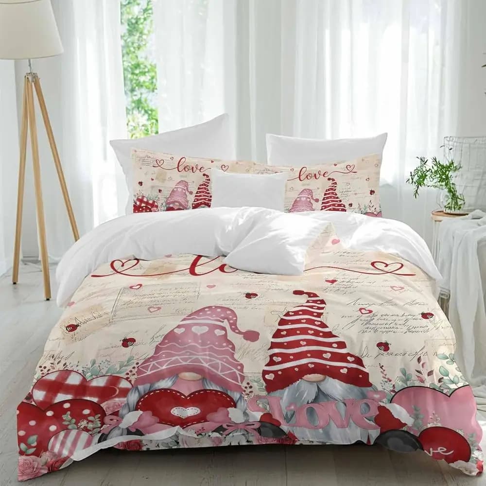 Set di lenzuola per San Valentino, motivo gnomi, rosso e rosa, cuori, rose, texture a giornale, 4 pezzi, set copripiumino traspirante.