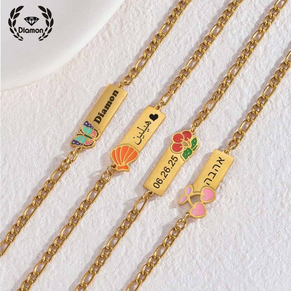Bracciale personalizzato con diamanti, smalto colorato, ciliegia, inciso, nome, data, arabo ebraico, catena in acciaio inossidabile per regali di gioielli da donna