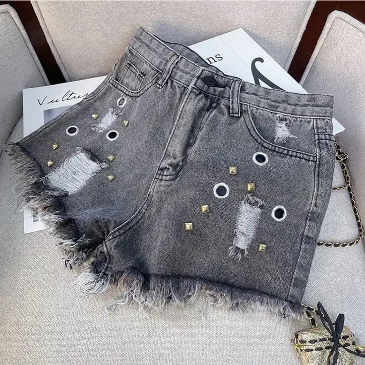 Summer 2026 Smoke Gray Korean High Waist Denim Shorts Rivet Ripped Rough Edge Hot Pants