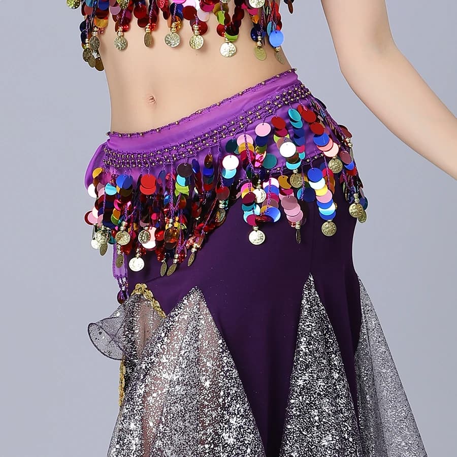 Purple Sequin Belly Dance Hip Scarf with Gold Coins, Shiny Fringe, Elastic Waistband – Perfect for Performances, Workouts, and D